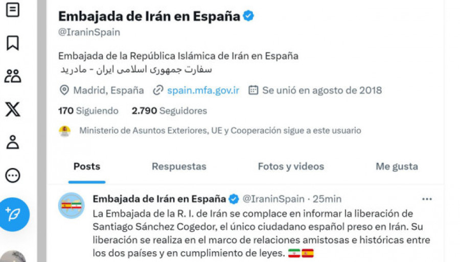 El español Santiago Sánchez Cogedor llega mañana a Madrid tras su liberación en Irán