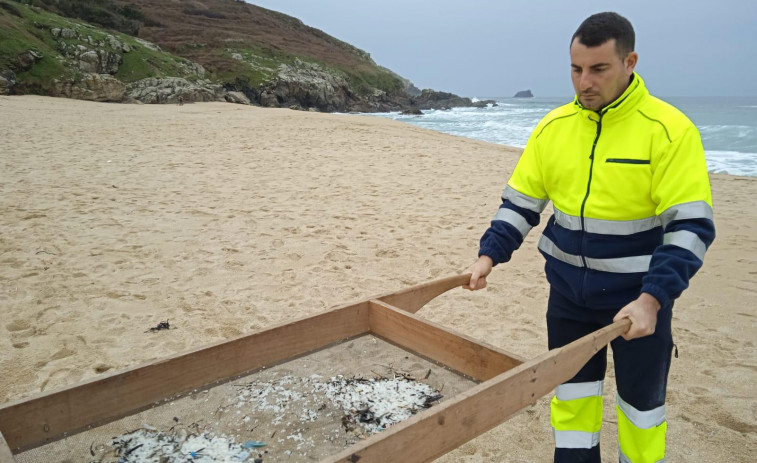 Concellos y voluntarios limpian las bolas de plástico en las playas