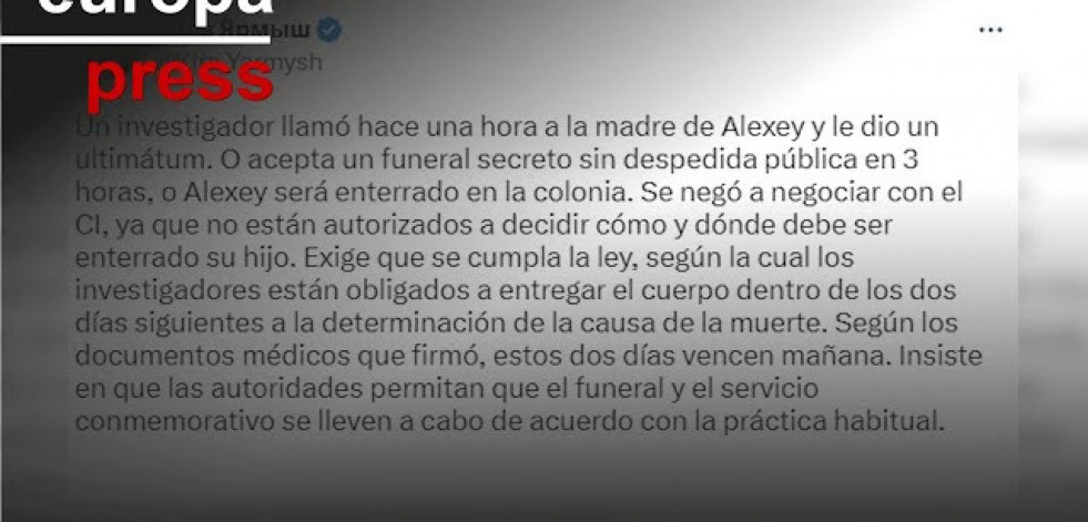 Rusia presenta un ultimátum a la madre de Navalni para que acepte un entierro secreto
