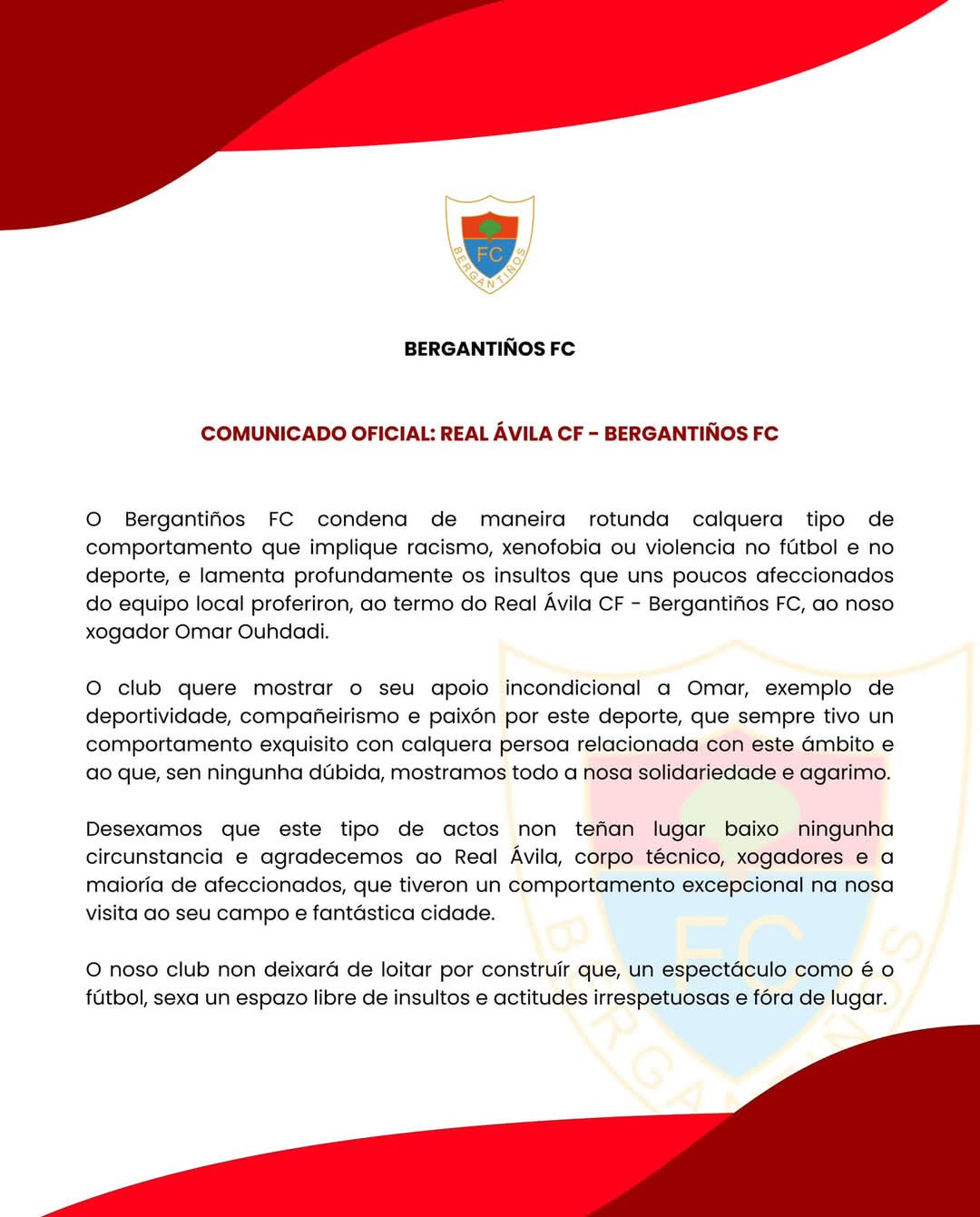 Comunicado del Bergan tras los insultos a Omar